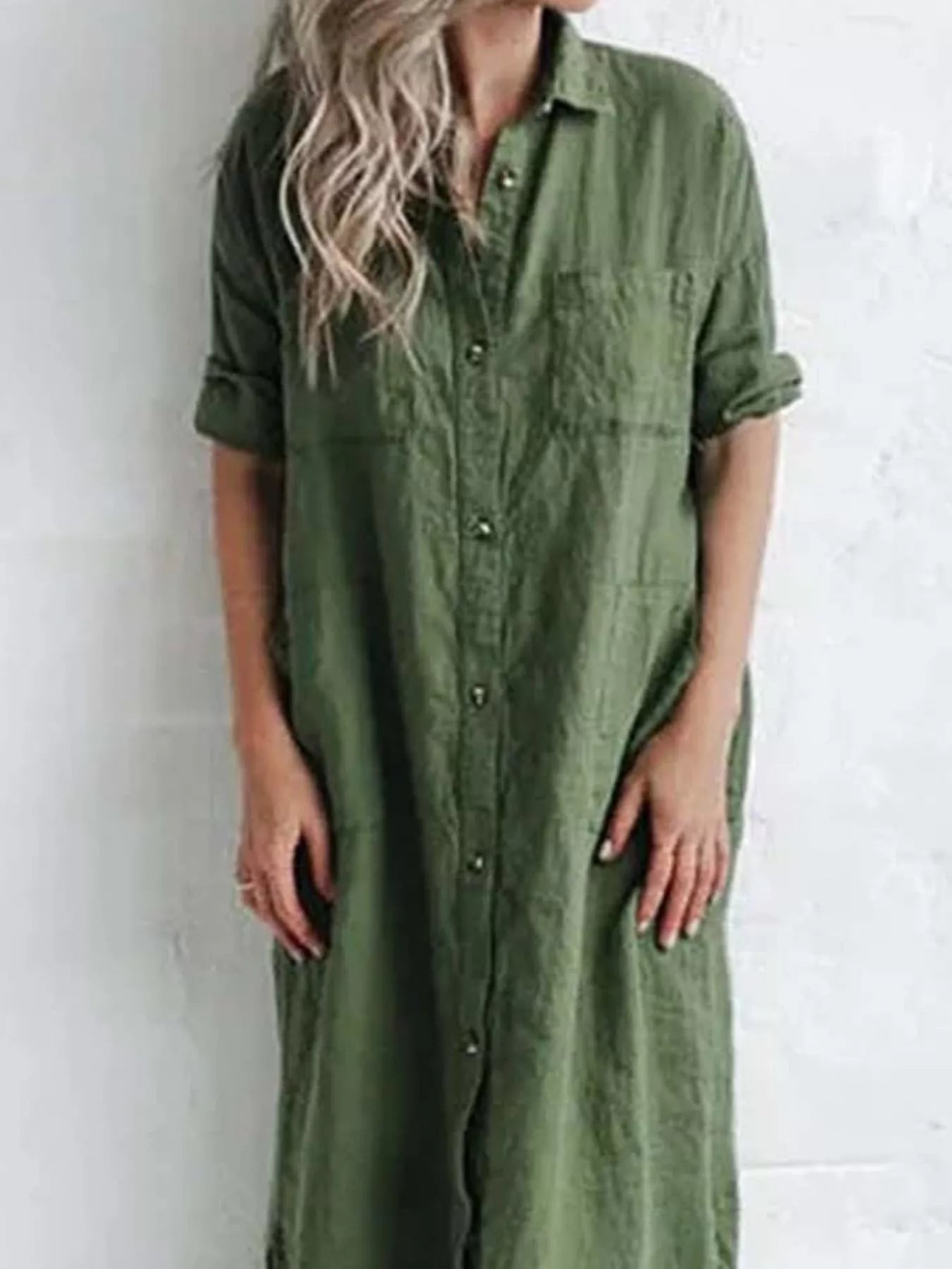 Plus size casual button-down maxi dress by Trendsi, featuring a full-length style with a relaxed fit and soft fabric in the image.