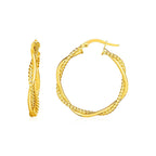 14k yellow gold twisted round hoop earrings with textured finish, two-part design, stylish and lightweight jewelry.