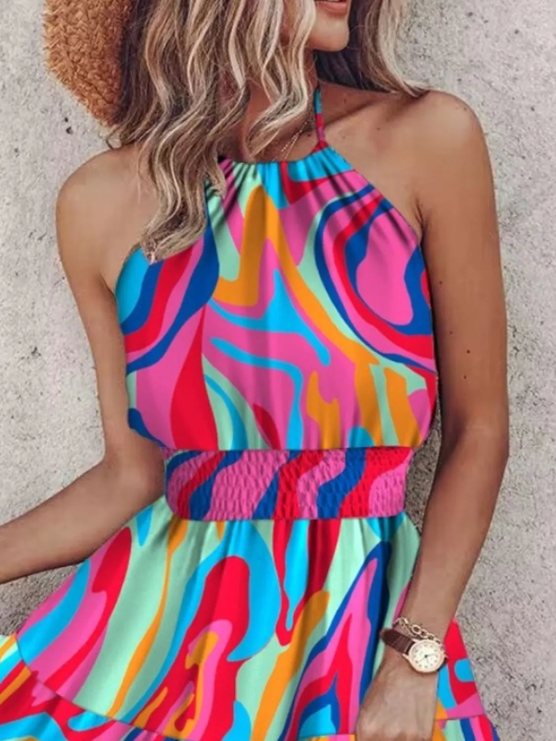 Paisley print halter neck mini dress by Plush Fashion Hub featuring a stylish design and vibrant pattern in a close-up shot.