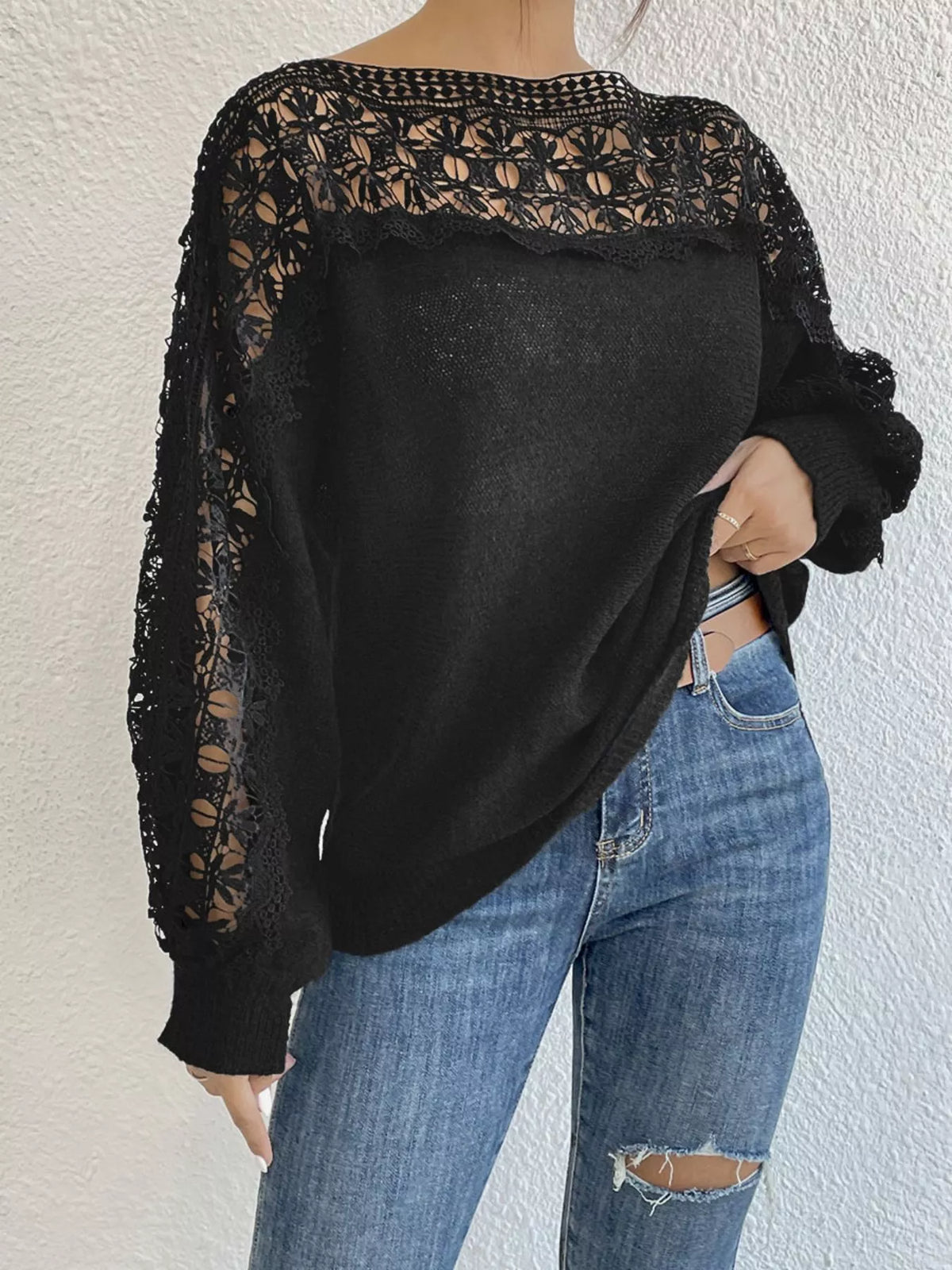 Crochet long sleeve sweater by Plush Fashion Hub featuring intricate knit pattern and comfortable fit.