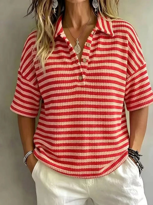 Plus size contrast striped knit polo shirt from Trendsi, featuring a full-size, stylish design with a classic collar and short sleeves.