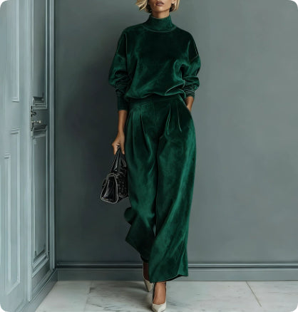 LadyShow.Store casual velour long-sleeve high-neck zipper sportswear in solid color with wide-leg design, ideal for activewear and comfort.