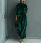 LadyShow.Store casual velour long-sleeve high-neck zipper sportswear in solid color with wide-leg design, ideal for activewear and comfort.