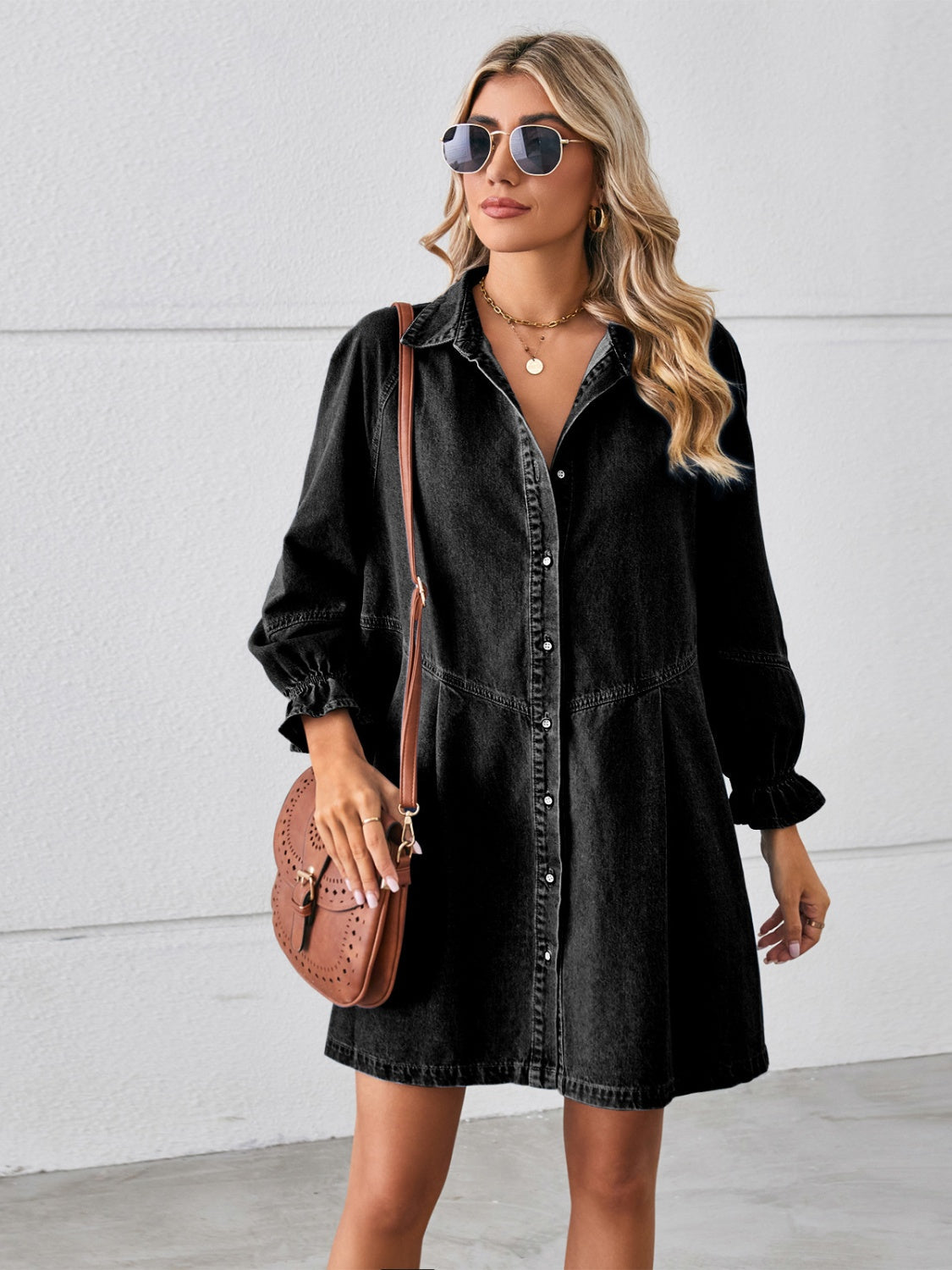 Plaid denim mini dress with button-up front and flounce sleeves from Plush Fashion Hub, styled for casual wear.