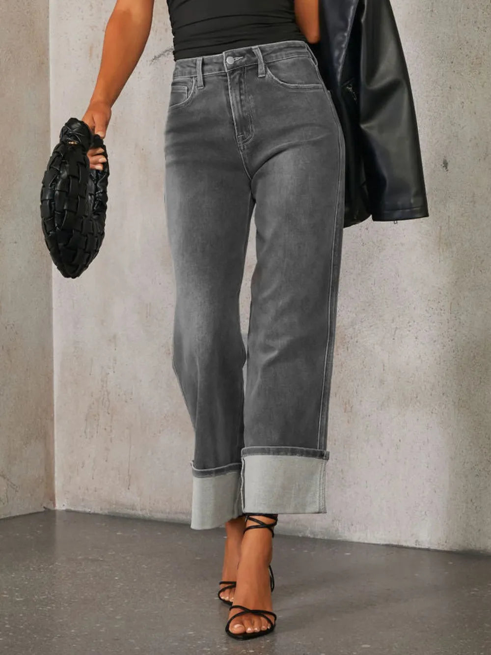 Trendsi high waisted straight leg rolled denim jeans showing front view, classic blue denim with rolled cuffs and fitted waist.