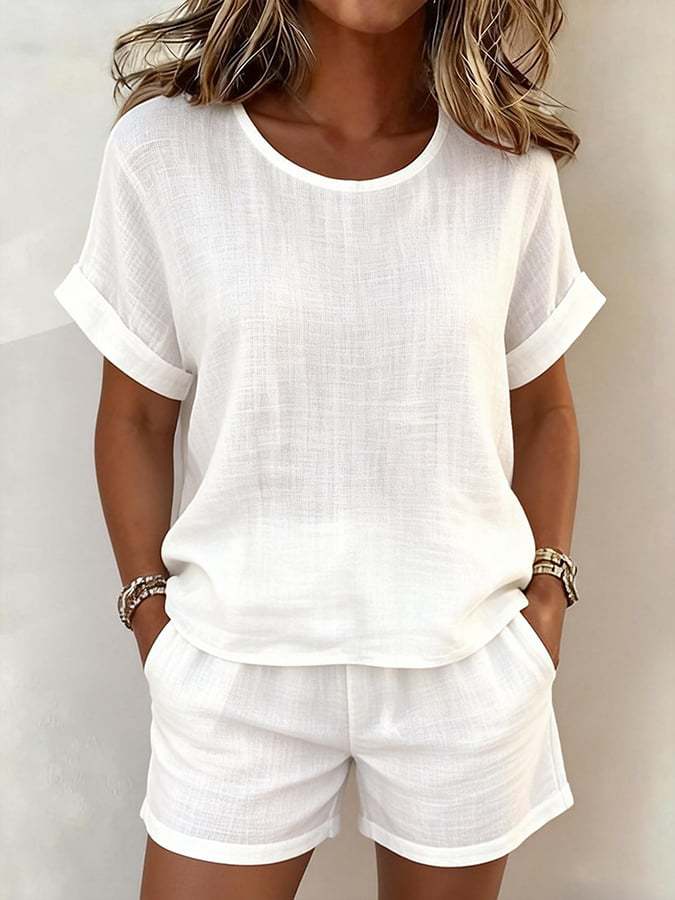Casual FitiqueFit cotton linen solid-color T-shirt and shorts set in multiple colors, displayed on a hanger.