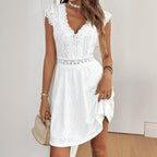 Women’s V-neck short-sleeve dress with lace trim, casualwear from FitiqueFit, featuring a fitted silhouette and elegant detailing.