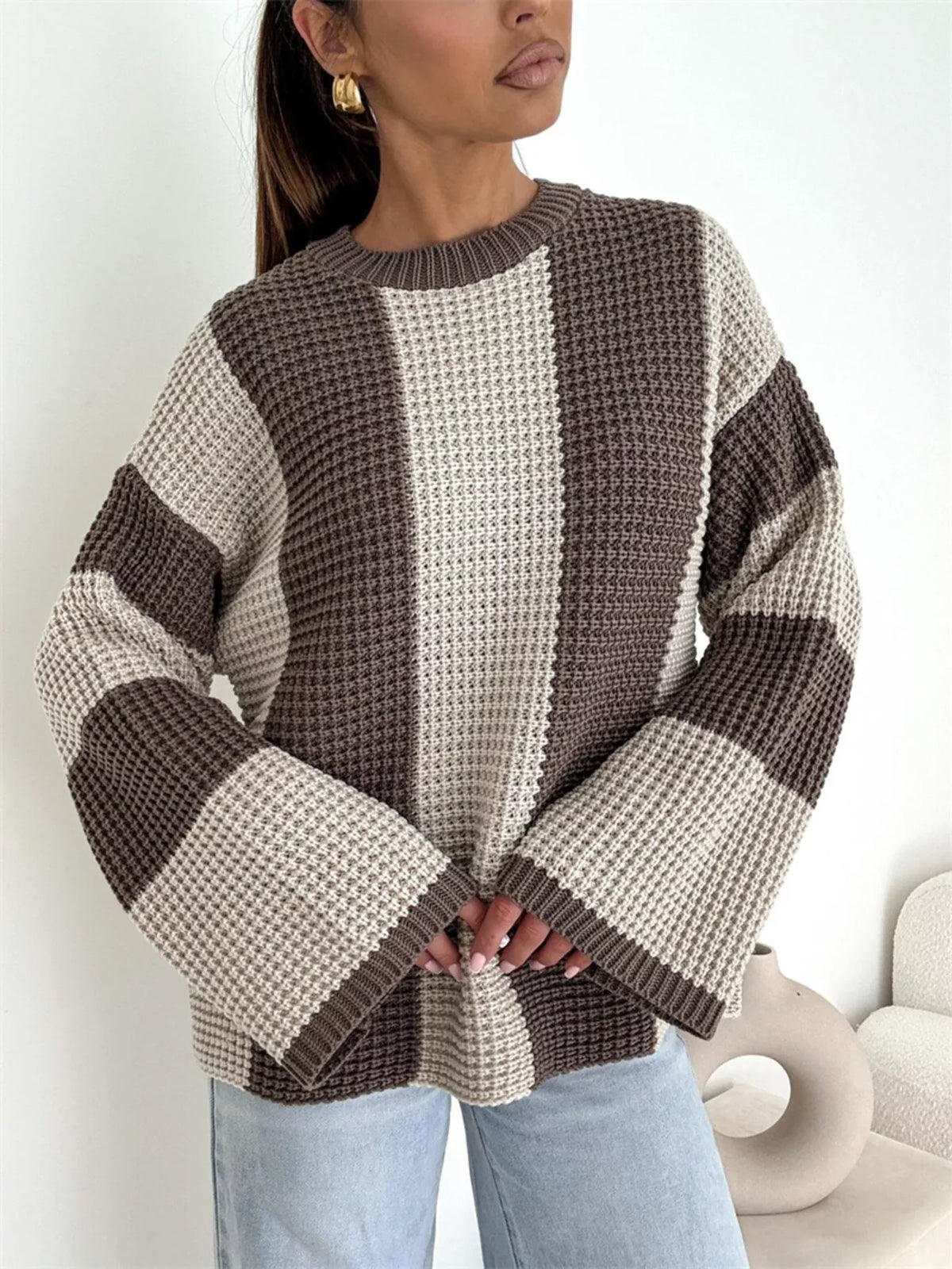 Color block long sleeve sweater by Trendsi featuring a vibrant multicolor design and cozy fit, perfect for stylish casual wear.