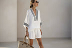 Women’s elegant V-neck casual long sleeve top by Plush Fashion Hub, shown in a relaxed fit with a V neckline and long sleeves.
