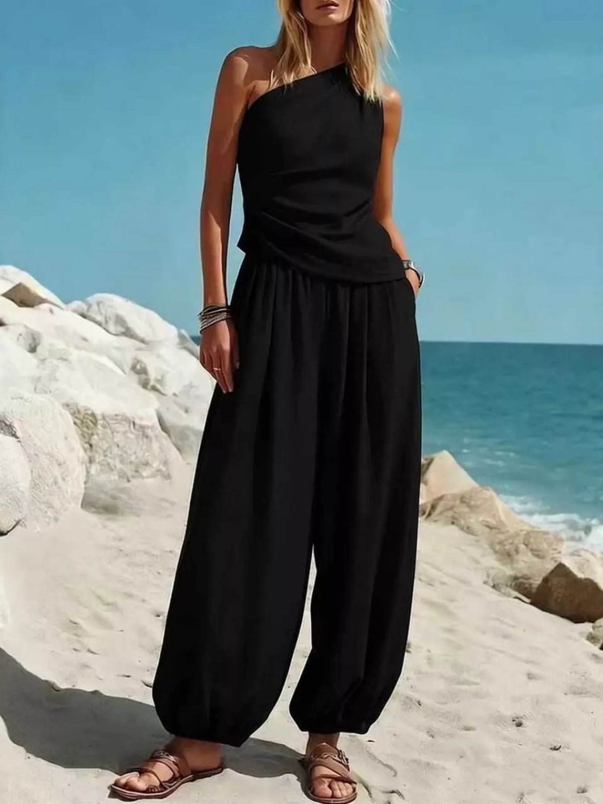 Plus size one-shoulder top and wide-leg pants set by Plush Fashion Hub, stylish and comfortable women's outfit.