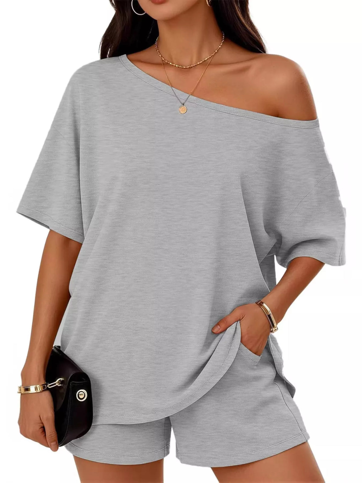 Plus size women's boat neck T-shirt and shorts lounge set by Plush Fashion Hub, comfortable casual clothing for relaxed wear.