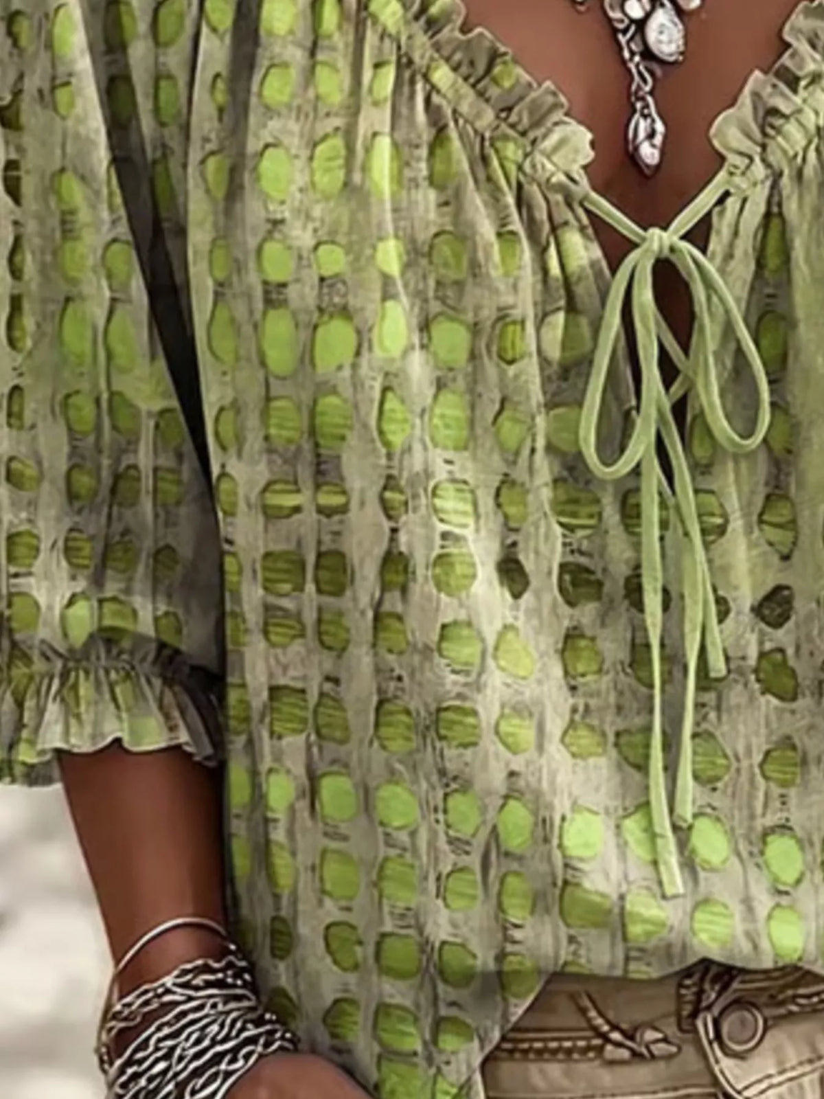 Plus size Trendsi blouse with tie neck and 3/4 sleeves, featuring a full-size fit and stylish modern design.