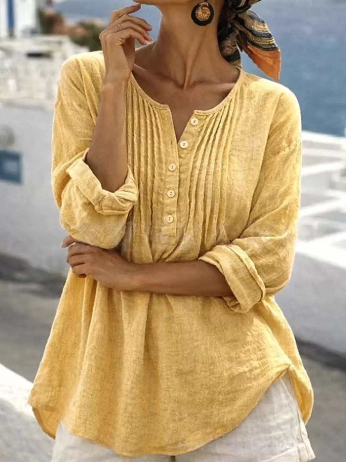 Long sleeve linen shirt with casual button details, stylish and breathable, from Trendsi.