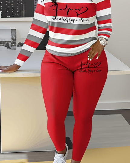 Women's Casual Striped Letter Print Long Sleeve Top And Pants - Plush Fashion Shop #