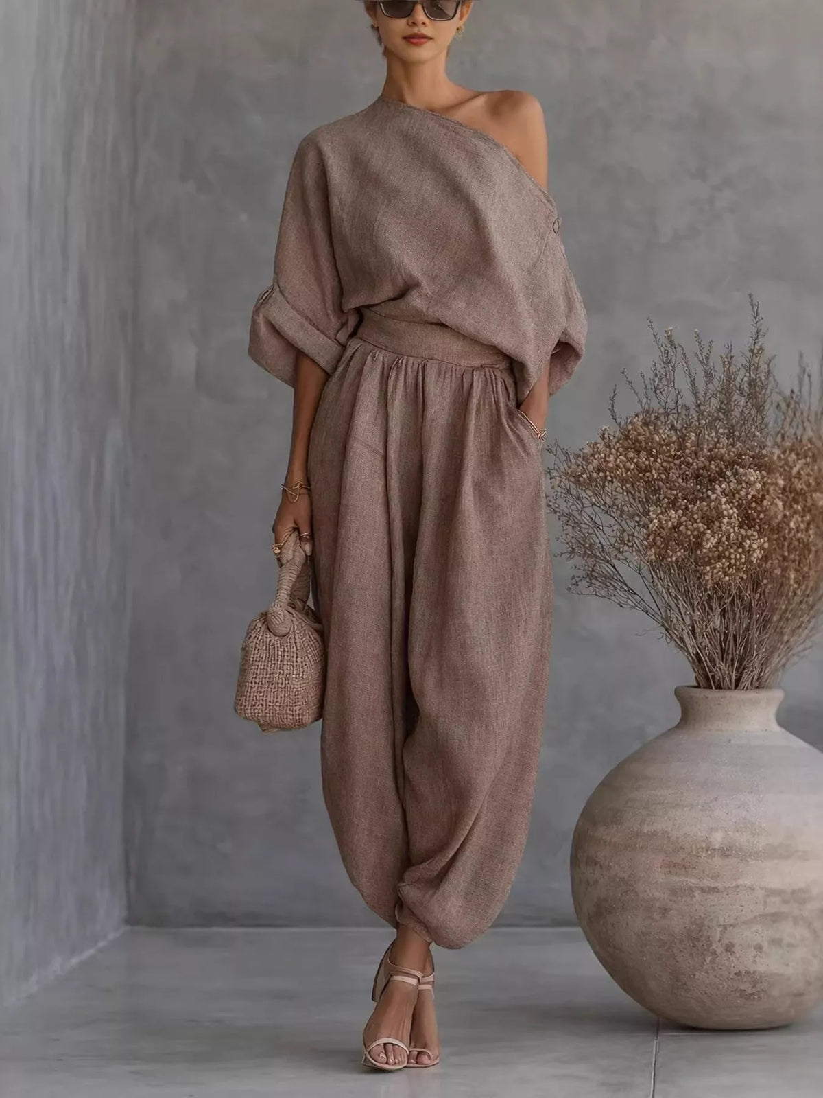 Plush Fashion Hub plush loungewear set with one-shoulder top and matching joggers, soft and comfortable for relaxed wear.