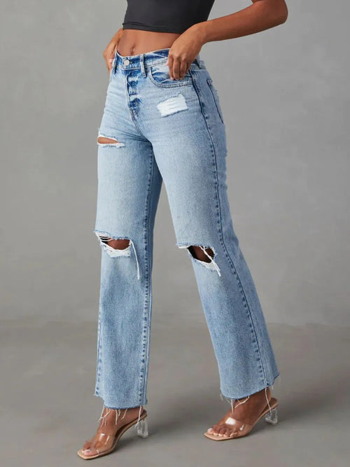 Distressed straight-leg denim jeans with front and back pockets by Trendsi, showcasing a casual, trendy fit.