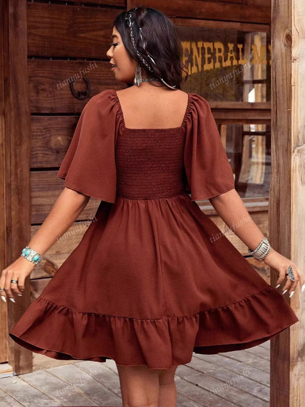 Embroidered Flutter Sleeve Mini Dress by Plush Fashion Hub featuring delicate embroidery and flowy flutter sleeves.