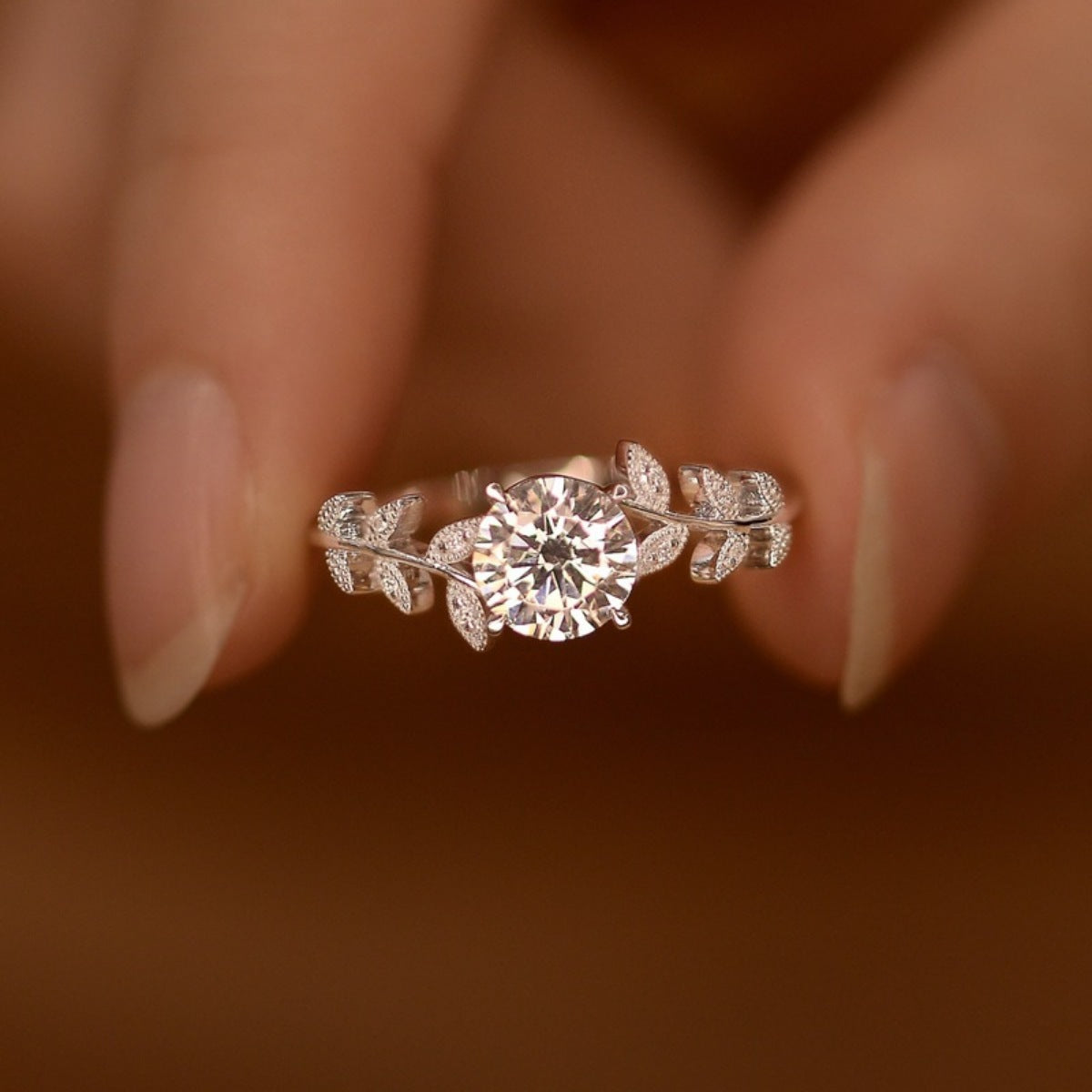 Sterling silver leaf ring with 1 carat moissanite gemstone, stylish jewelry by Plush Fashion Hub
