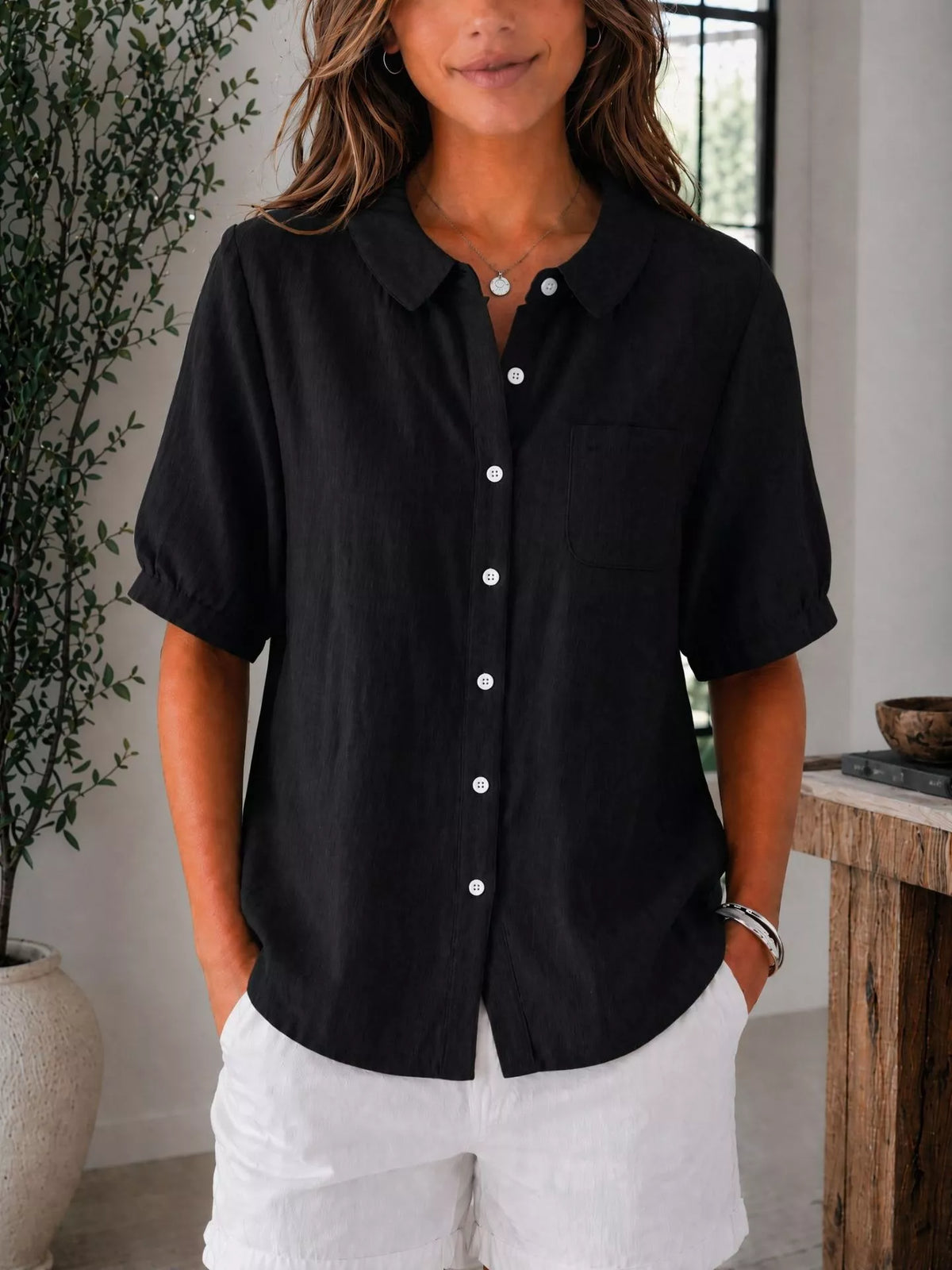 Plus size short sleeve button-up shirt from Trendsi, casual tops in full size with a classic collar and front buttons.