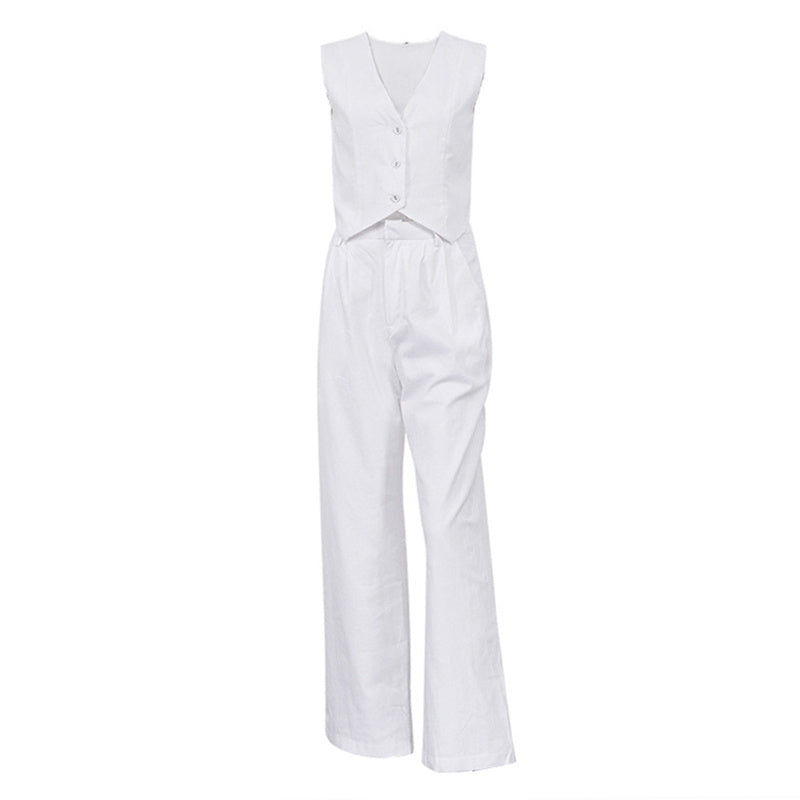 Women’s V-neck button-front vest and high-waist pants set by FitiqueFit, featuring a casualwear style with a coordinated look.