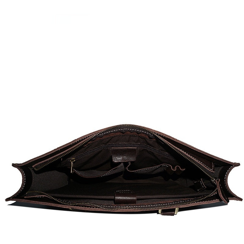 Pi-Mart first layer cowhide oily leather shoulder messenger bag with adjustable strap and spacious interior, stylish and durable for everyday use.