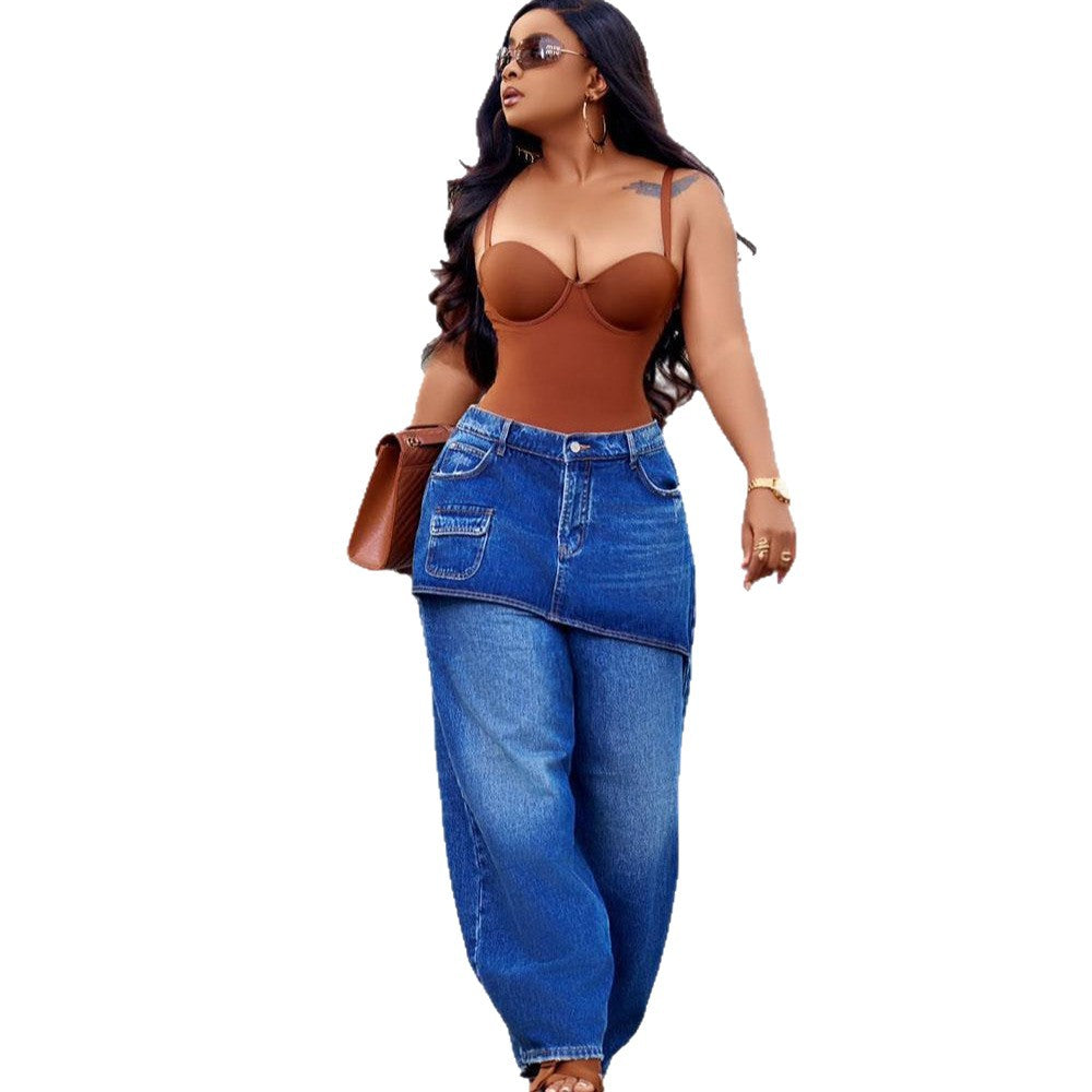Washed Elastic Waist Straight Leg Denim Pants