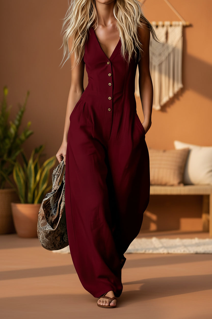 Women's linen-look V-neck jumpsuit by Plush Fashion Hub featuring textured fabric, sleeveless design, perfect for commuter style.