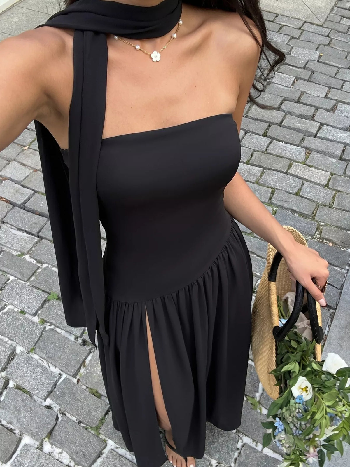 Plush Fashion Hub maxi dress with scarf and slit design, flowing fabric, elegant style, ideal for summer or formal occasions.