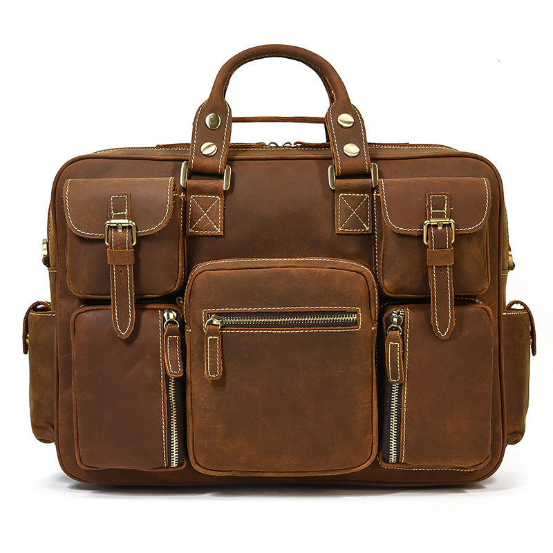 Pi-Mart men's leather shoulder bag and briefcase with laptop compartment, durable horse leather for professional use.