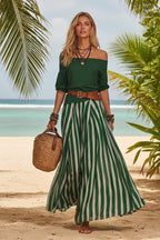 Women's off-shoulder top and slit maxi skirt set by FitiqueFit, casualwear ensemble featuring stylish, comfortable summer fashion.