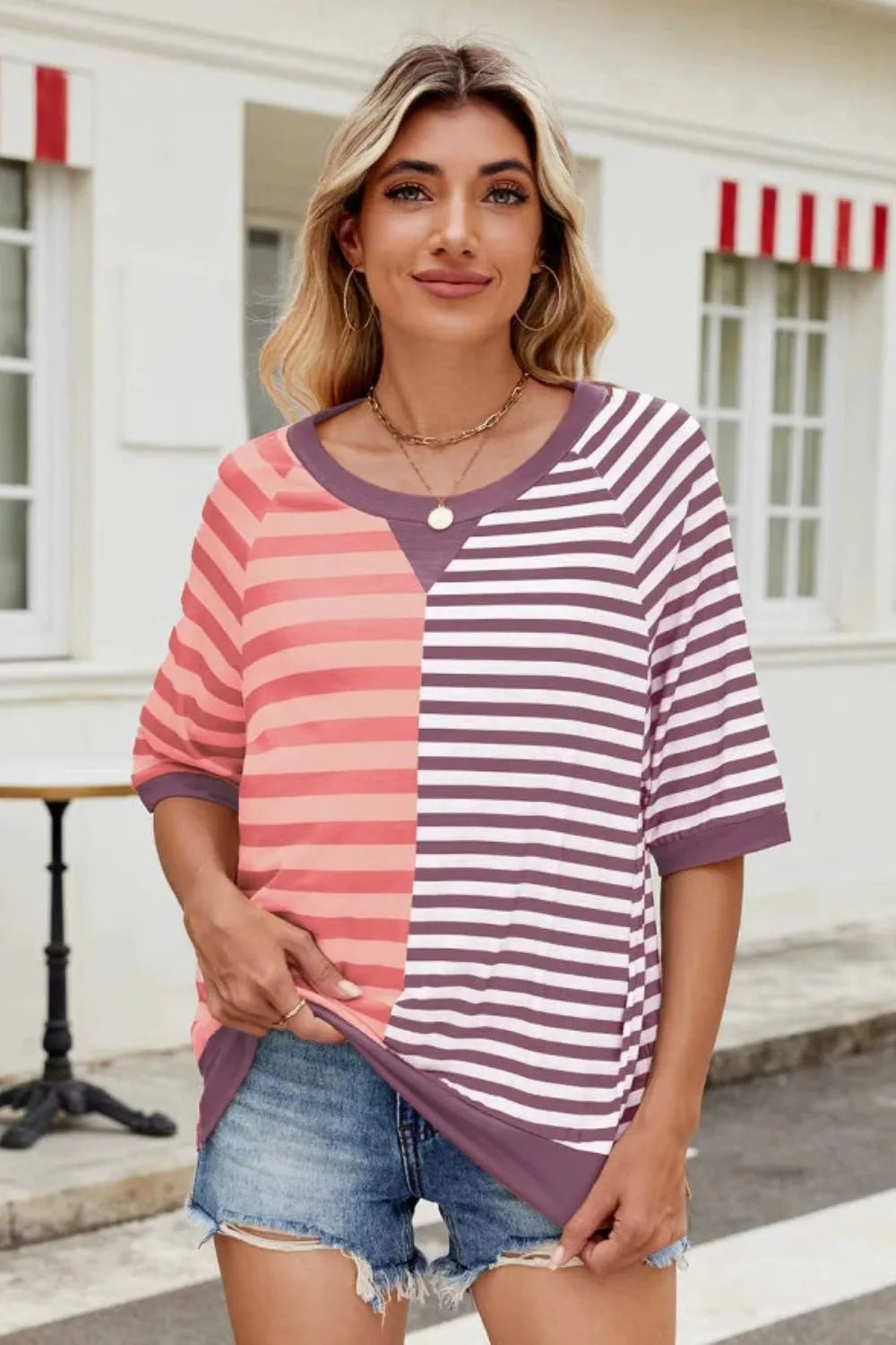 Striped round neck half sleeve t-shirt by Plush Fashion Hub, casual tops with colorful horizontal stripes and comfortable fit.