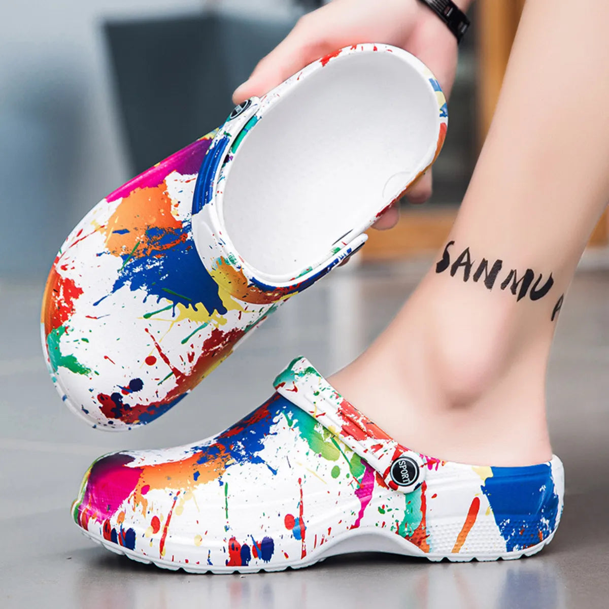 Men's colorful paint splash sandals from Plush Fashion Hub, featuring vibrant, artistic design and comfortable footwear style.