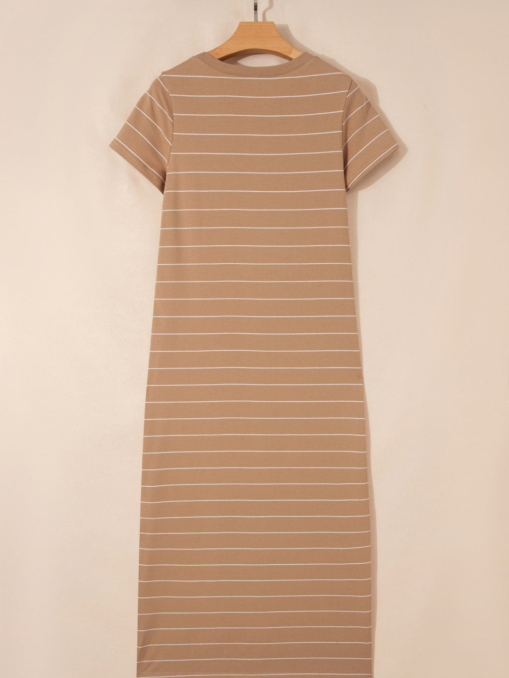 Women's striped short sleeve maxi T-shirt dress with side slit, casual and comfortable Trendsi dress shown on a model.
