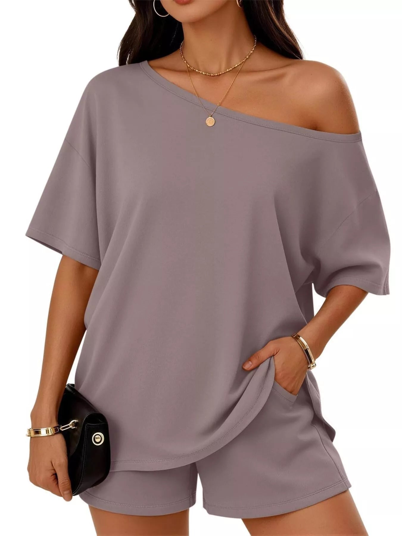 Plus size full size one-shoulder top and shorts set by Trendsi, featuring a stylish top with matching shorts, casual and trendy.