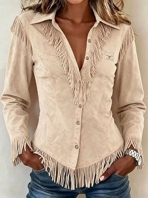 Plus size fringed collared neck shirt from Trendsi, featuring a full-size top with tassel details and a stylish collar.