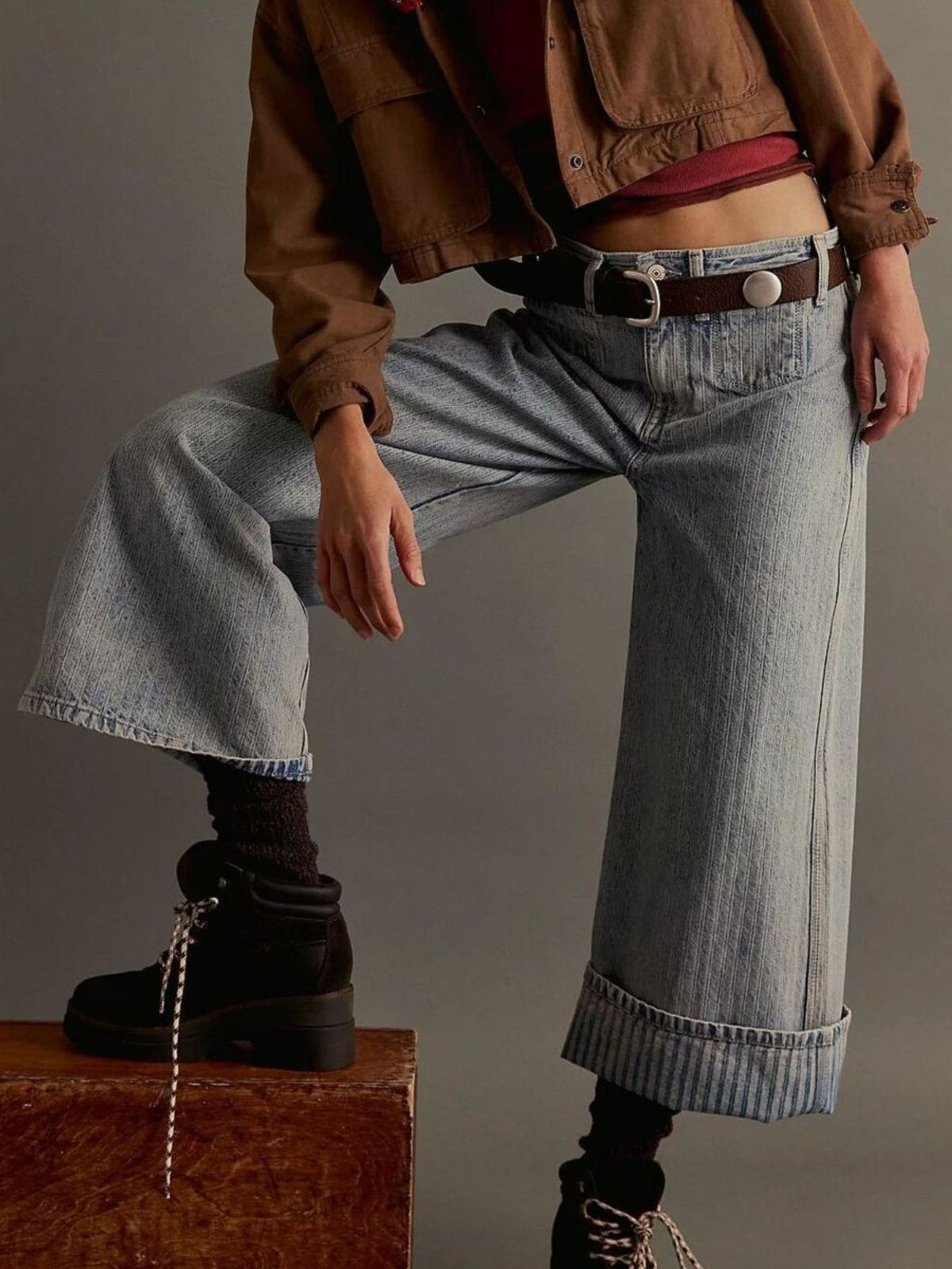 Plush Fashion Hub wide-leg cropped denim jeans, showing the relaxed fit and stylish design with a light blue wash.