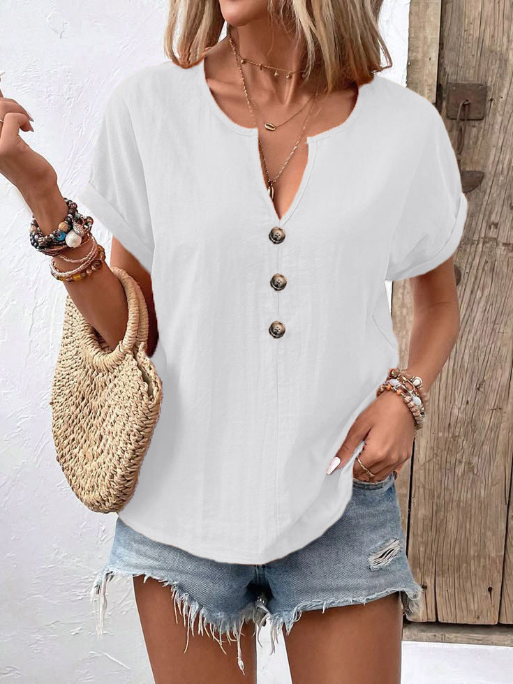 Women's white V-neck short-sleeve T-shirt top with button details from LadyShow.Store, showing the front view with a fitted style.