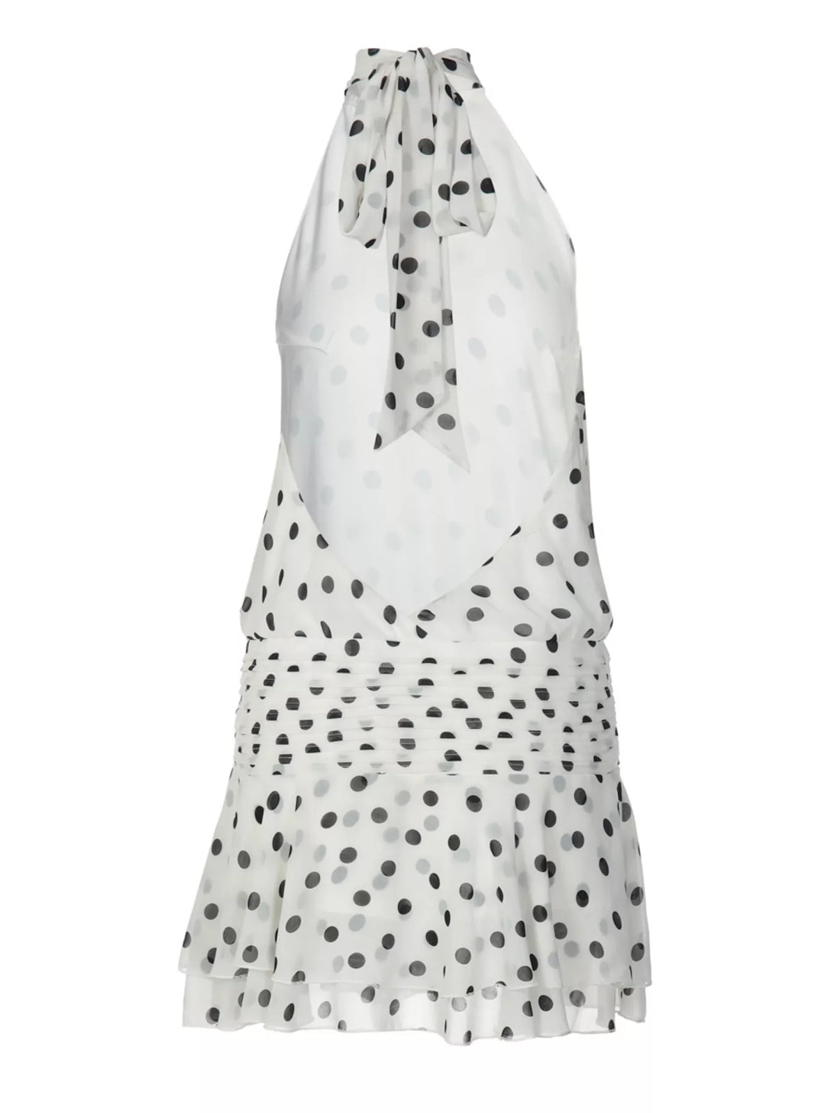 Polka dot halter neck ruffle dress by Plush Fashion Hub displayed on a mannequin with a playful, feminine style.