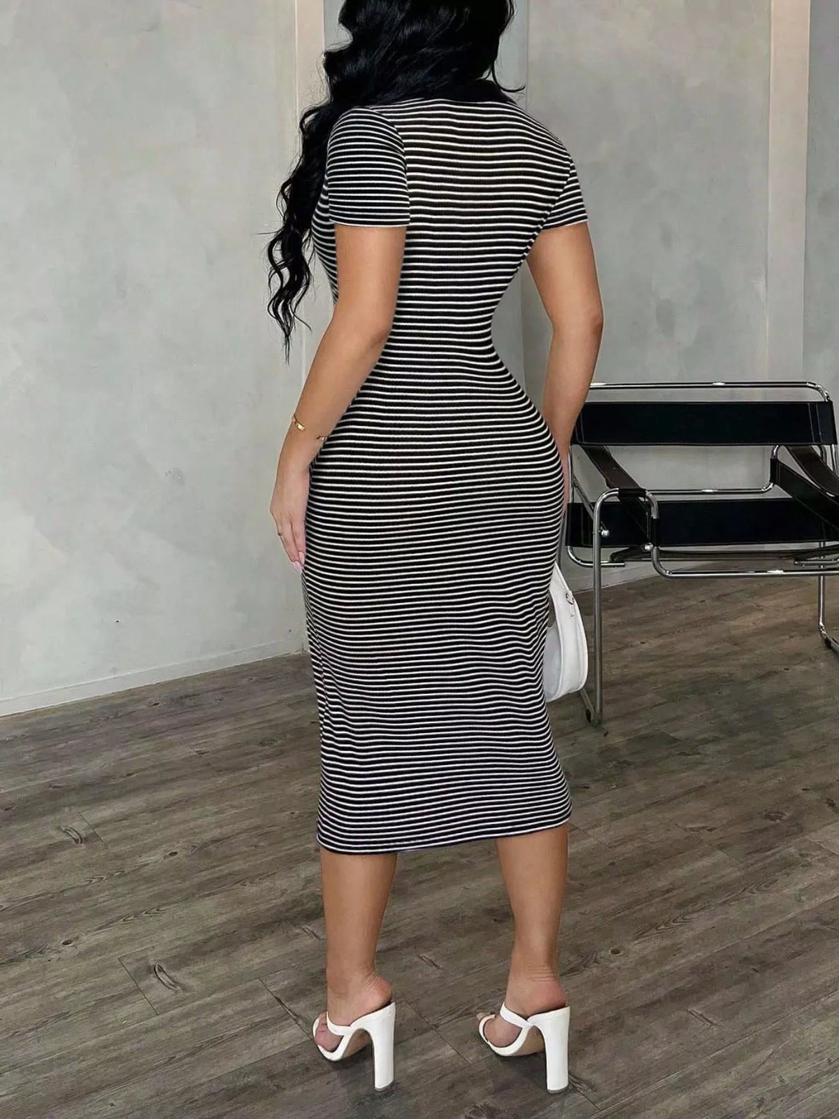 Striped Polo Collar Midi Dress by Plush Fashion Hub featuring a classic collar and midi length, perfect for casual or semi-formal wear.