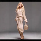 French-Style long sleeve top and pants set by FitiqueFit featuring chic patchwork in casualwear style.