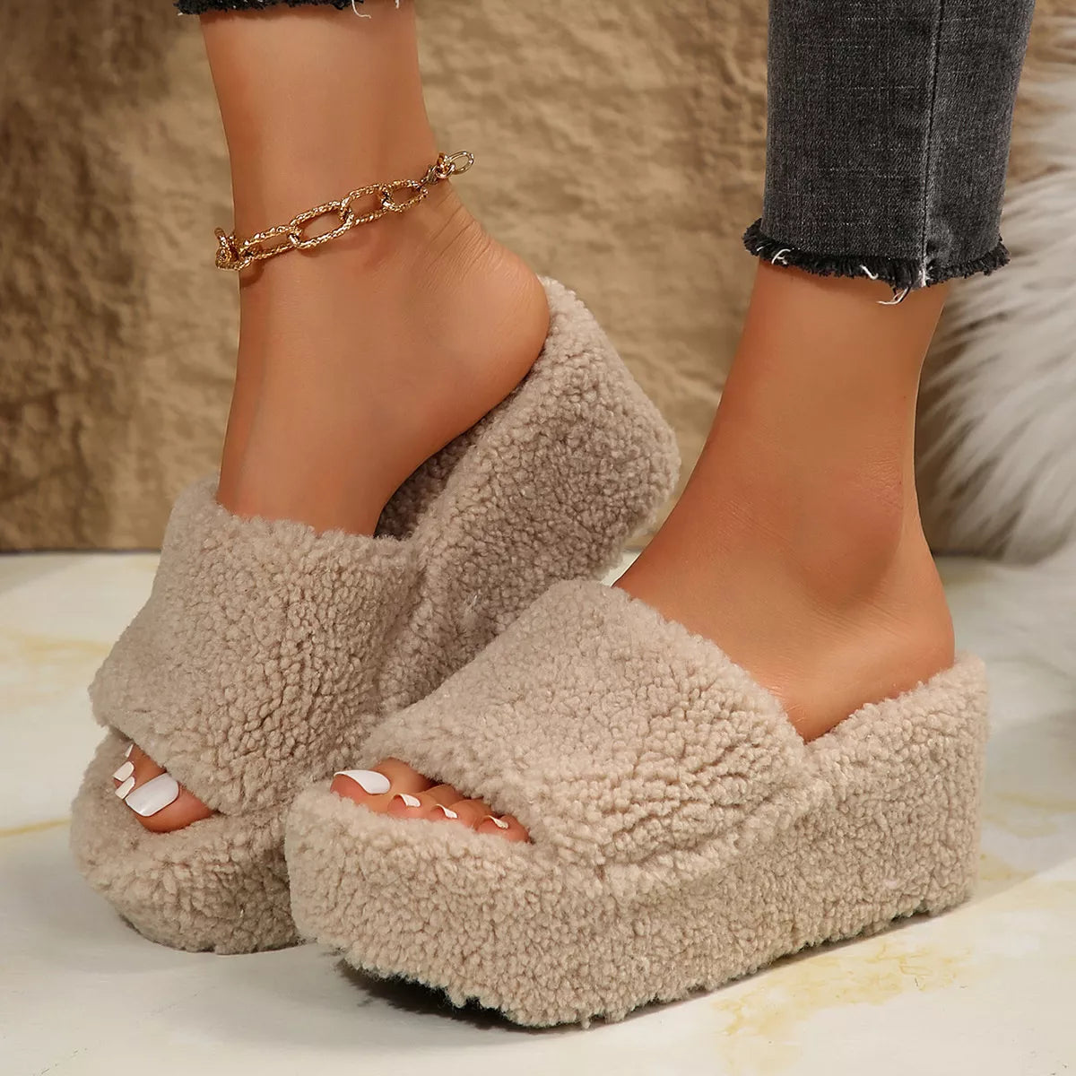 Open toe wedge platform slippers by Trendsi featuring a comfortable footbed and stylish design for casual wear.