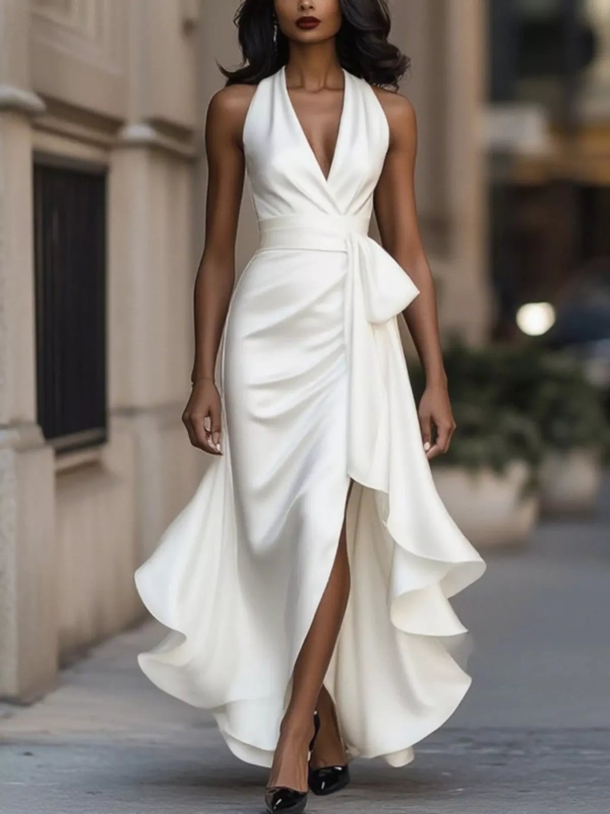 Plus size high-low satin maxi dress with ruffles by Plush Fashion Hub, showcasing flowing fabric and elegant design.