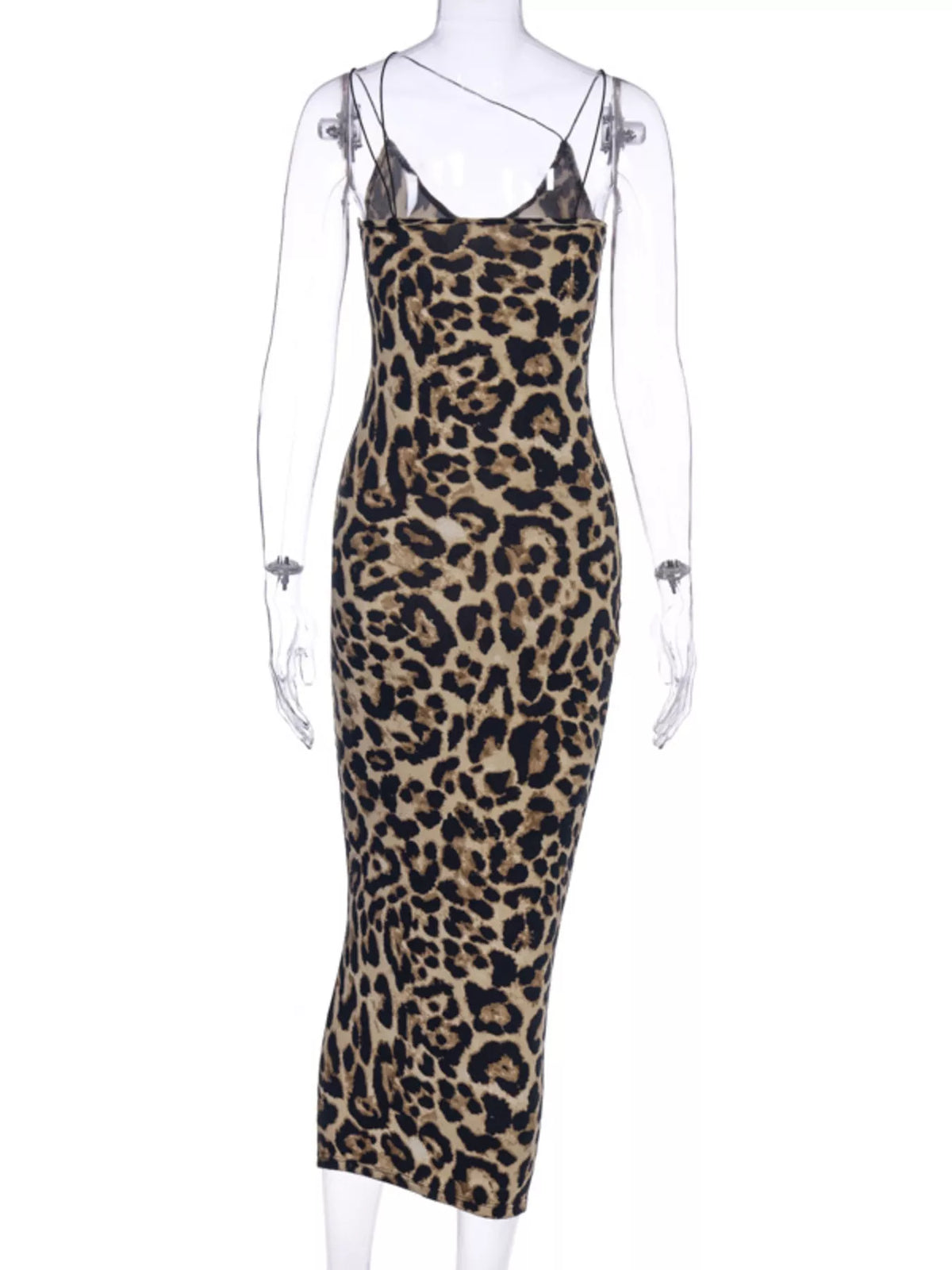 Leopard print spaghetti strap midi dress by Plush Fashion Hub, featuring a fitted bodice and flowing skirt, stylish and elegant for summer.