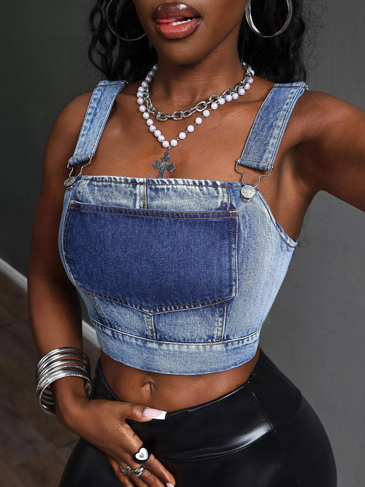 Plush Fashion Hub cropped denim top with adjustable straps, stylish shirts and tops for casual or trendy outfits.