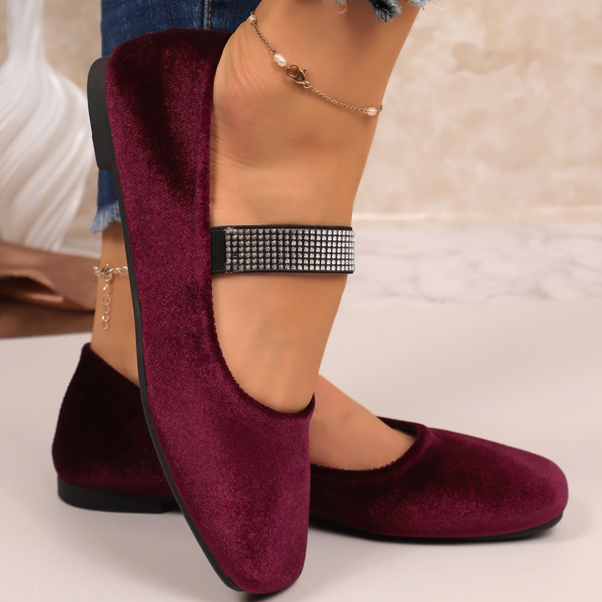 Rhinestone embellished square toe slip-on flats for women by Plush Fashion Hub, showcasing sparkly details and sleek design.