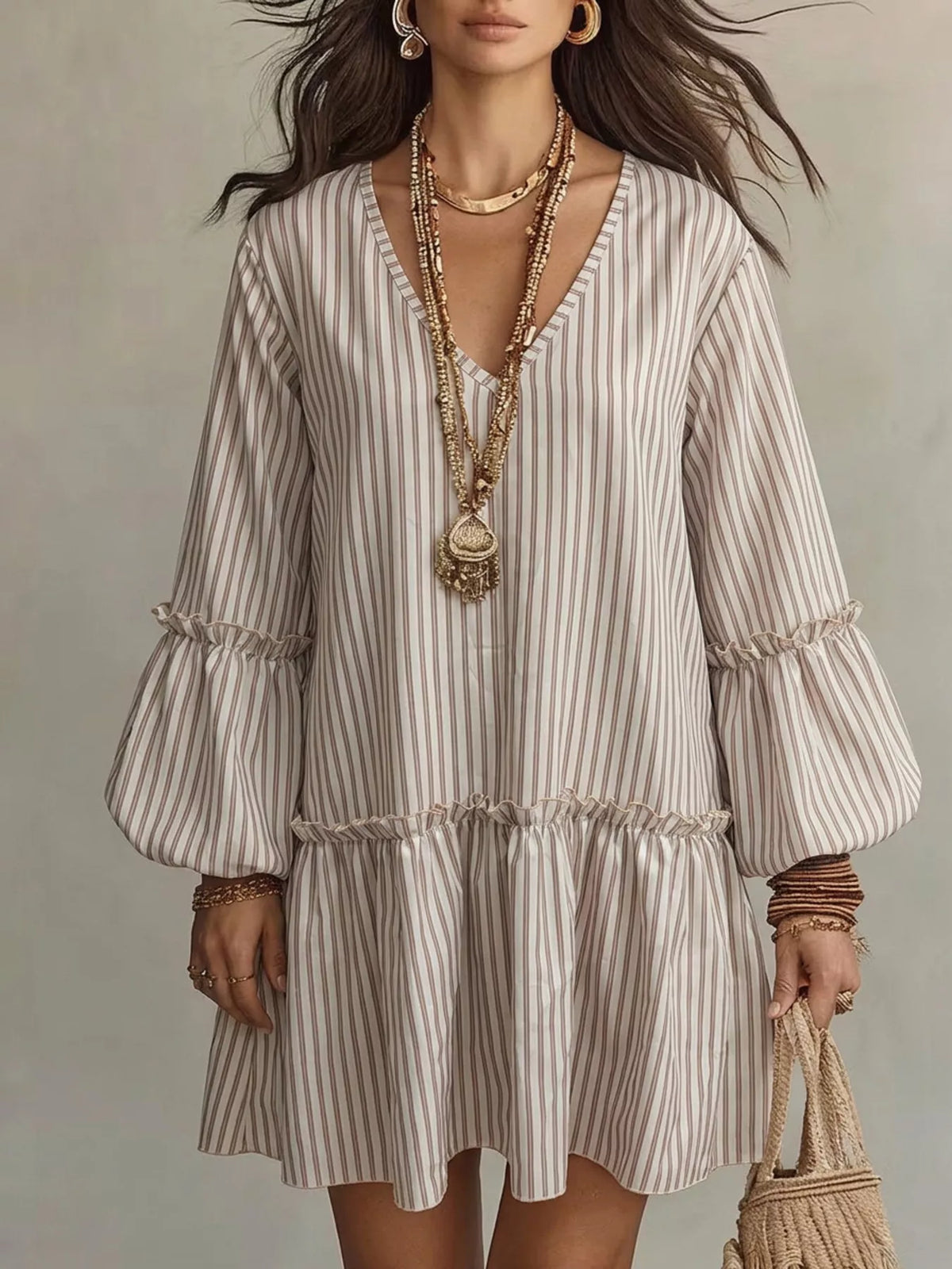 Plus size striped balloon sleeve mini dress by Trendsi, featuring a fitted silhouette and vibrant pattern for a stylish look.