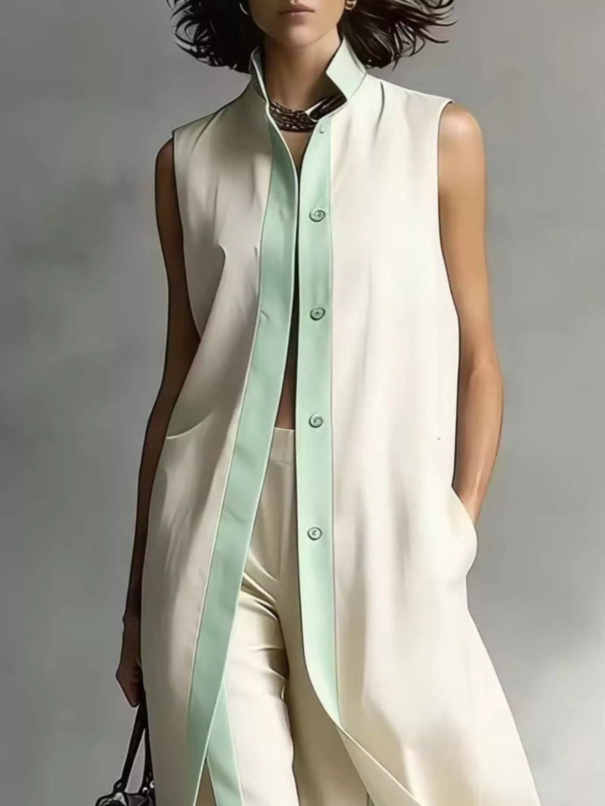 Plus size sleeveless longline vest and wide-leg pants matching set by Trendsi, featuring a stylish, comfortable coordinated outfit.
