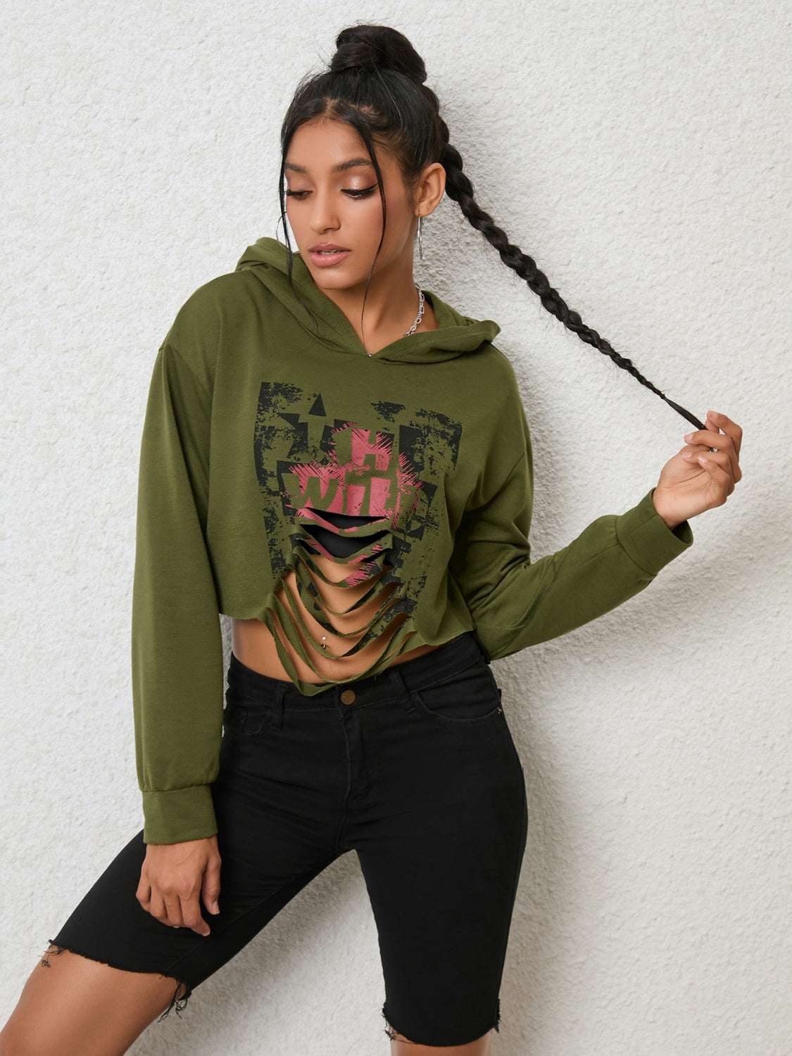 Plush Fashion Hub long sleeve hoodie with cutout detail, soft plush fabric, and stylish design for casual wear.