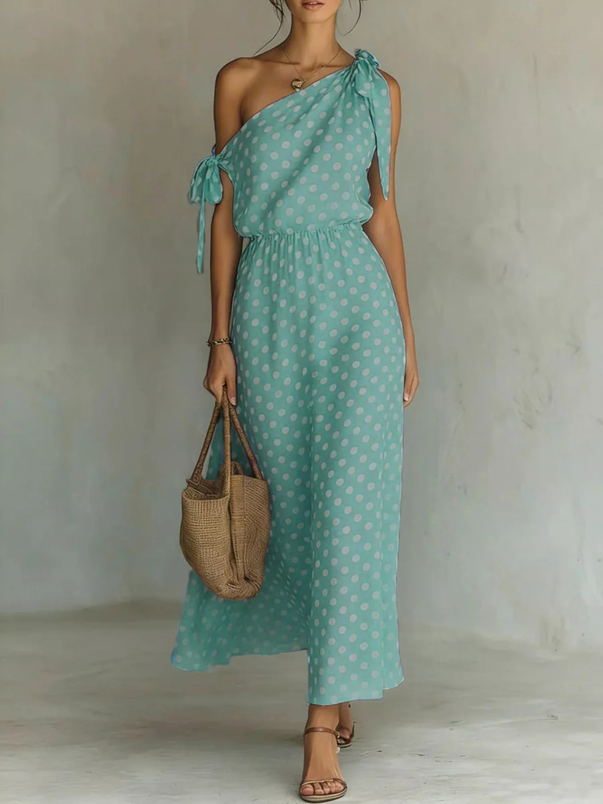 Plus size polka dot one-shoulder maxi dress by Plush Fashion Hub, featuring a flowing full-length dress with a stylish one-shoulder design.