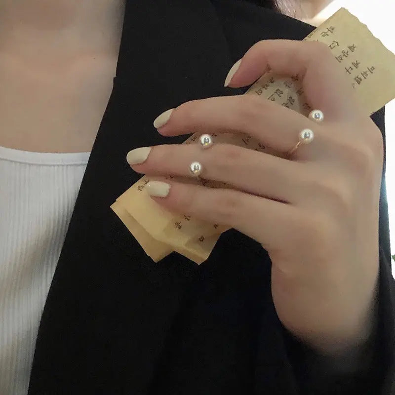 925 Sterling Silver Pearl Open Ring Double Pearl Adjustable Ring for Women Girls Jewerly